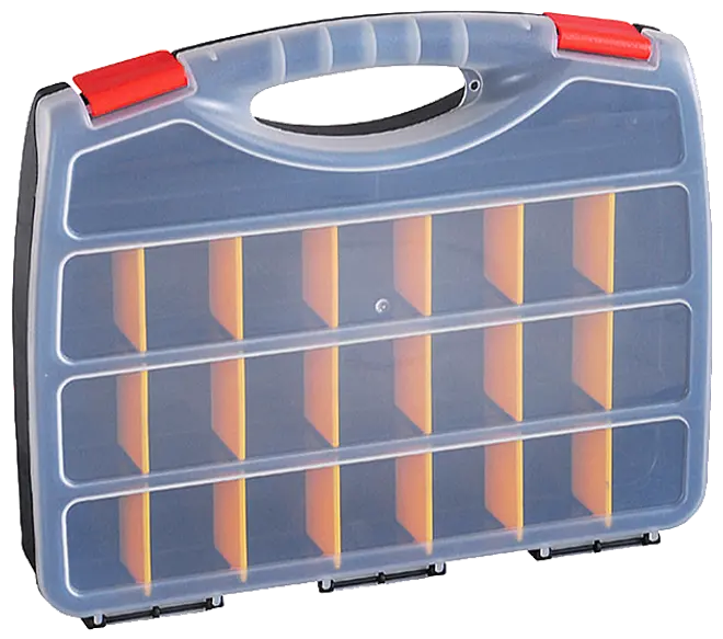 Plastik opbevaringskasse med gennemsigtigt låg, røde låse og 18 gule rumdelere. Har bærehåndtag. Perfekt til værktøj, smådele eller hobbyartikler.