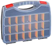 Plastik opbevaringskasse med gennemsigtigt låg, røde låse og 18 gule rumdelere. Har bærehåndtag. Perfekt til værktøj, smådele eller hobbyartikler.