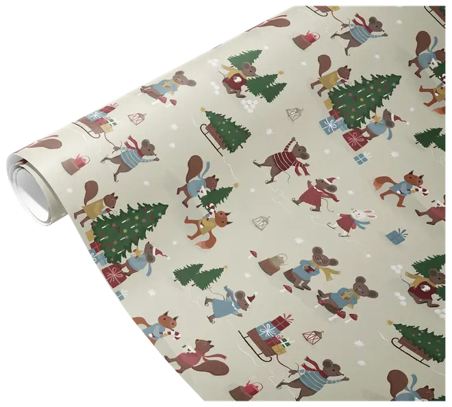 Presentpapper med julmotiv, tecknade djur i vinterkläder, granar, paket och snöflingor på ljusbeige bakgrund. Perfekt för julklappar.