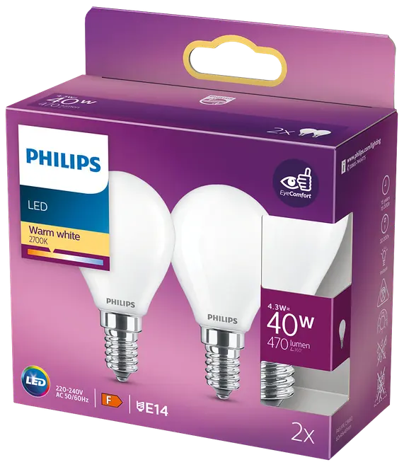 PHILIPS LED klotlampa 5W E14 P45 2-pack