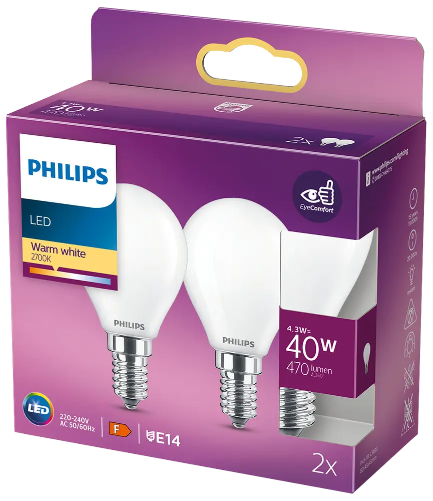 PHILIPS LED-pære 5W E14 P45 2-pak