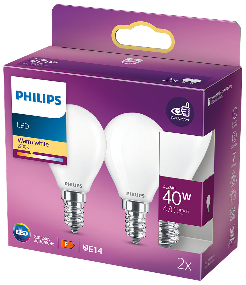 PHILIPS LED klotlampa 5W E14 P45 2-pack