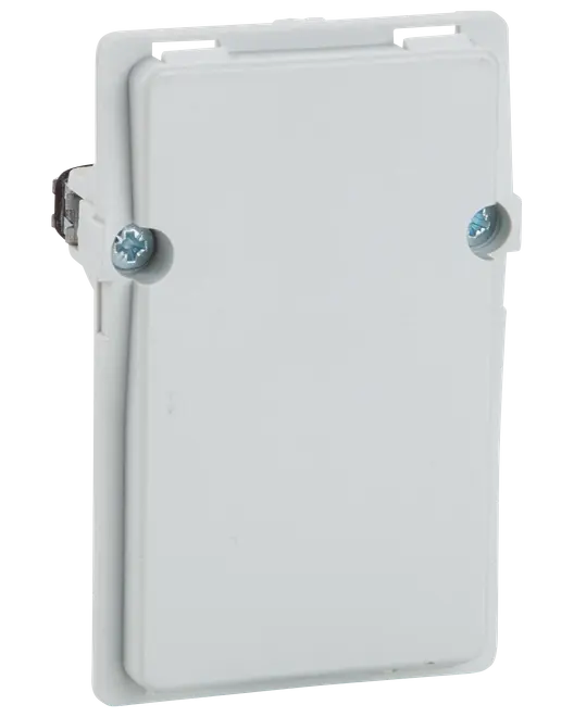 Hvidt, rektangulært blinddæksel med glat overflade og to synlige monteringsskruer. Bruges til at dække ubenyttede eludtag eller dåser for et pænt udseende.