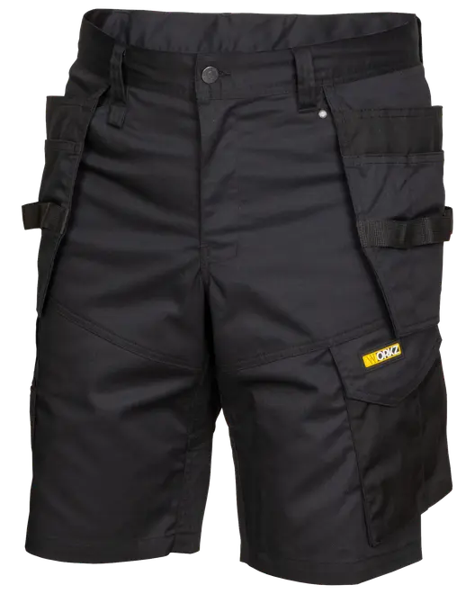 Sorte arbejdstasker med flere lommer, forstærkede syninger, bæltestropper og gul "Worx" logo. Slidstærkt stof, velegnet til krævende opgaver og komfortabel pasform.