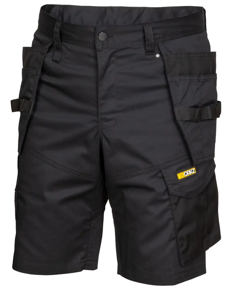 Sorte arbejdstasker med flere lommer, forstærkede syninger, bæltestropper og gul "Worx" logo. Slidstærkt stof, velegnet til krævende opgaver og komfortabel pasform.