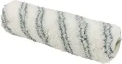 Hvid malerrulle med grå diagonale striber, lavet af blødt, absorberende materiale. Cylindrisk form med åbne ender, ideel til jævn påføring af maling på vægge og lofter.