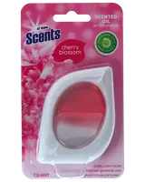 Duftolie-luftfrisker med kirsebærblomst, 7,5 ml, i hvid og pink plastbeholder. Fjerner lugte og giver frisk blomsterduft i op til 15 dage.
