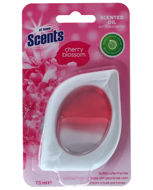 Duftolie-luftfrisker med kirsebærblomst, 7,5 ml, i hvid og pink plastbeholder. Fjerner lugte og giver frisk blomsterduft i op til 15 dage.