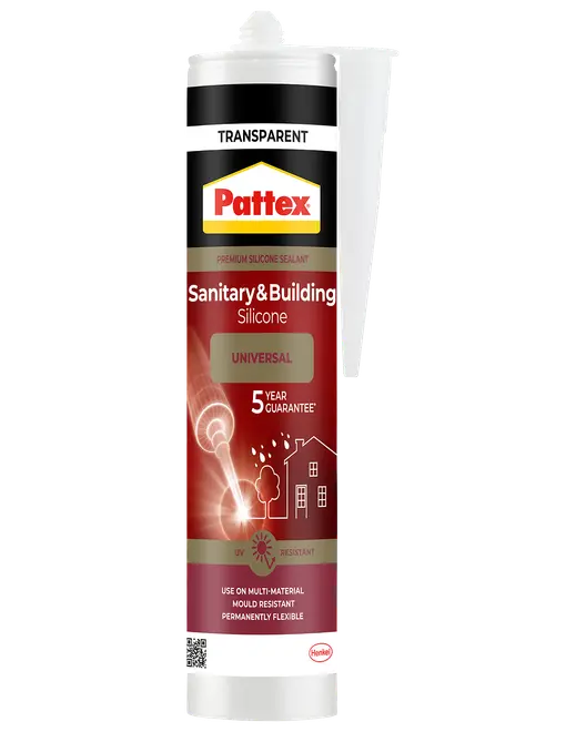 Pattex Sanitet & Byg Silikone, transparent, universalt tætningsmiddel. UV- og mugresistent, til flere materialer, permanent fleksibel, 5 års garanti, med påføringsdyse.