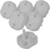Sæt med fem hvide plastik stikkontaktbeskyttere, afrundet rektangulær form, to tapper på undersiden, designet til børnesikring af ubrugte stikkontakter.