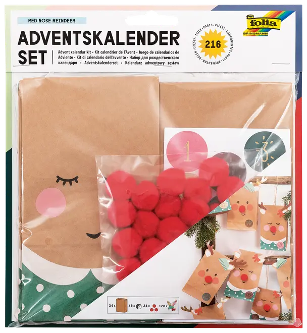 Adventskalenderset med bruna papperspåsar, röda pompoms, klistermärken och snöre för att skapa ren-tema påsar. Innehåller 216 delar för ett kreativt julprojekt.