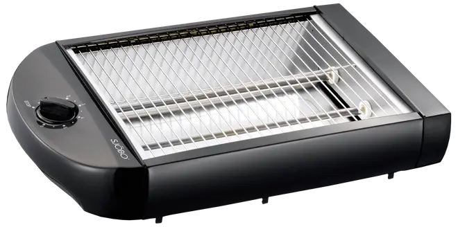 Elektrisk bordgrill med sort plastkrop, metalrist, justerbar temperaturknap og varmeelement under risten. Velegnet til indendørs grillning af kød, grøntsager og sandwich.