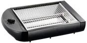 Elektrisk bordgrill med sort plastkrop, metalrist, justerbar temperaturknap og varmeelement under risten. Velegnet til indendørs grillning af kød, grøntsager og sandwich.
