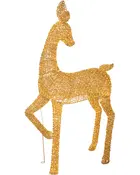 Guldfarvet tråddyrsfigur med lang hals, slanke ben, løftet forben og åben, struktureret fletoverflade.