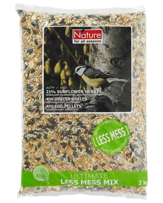 2 kg pose med fuglefrøblanding, indeholder solsikkehjerter, østersskaller og ægpiller. "Less Mess Mix" for mindre rod, egnet til havens fugle. Klar emballage viser frøblandingen.