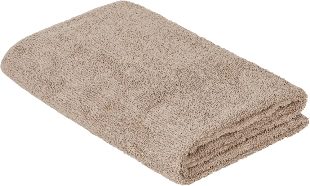 Vikt beige badhandduk av mjuk, absorberande bomullsfrotté. Enkel design utan mönster eller dekorationer, passar för dagligt bruk i badrummet.