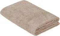 Vikt beige badhandduk av mjuk, absorberande bomullsfrotté. Enkel design utan mönster eller dekorationer, passar för dagligt bruk i badrummet.
