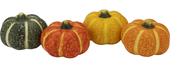 Sæt med fire kunstige græskar i grøn, rød, gul og orange. Hvert græskar har realistiske pletter og riller, ideelle til efterårs- eller Halloween-pynt.
