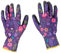 Lila trädgårdshandskar med färgglatt blommönster, svarta gummibelagda fingertoppar och handflator samt gul kant vid handleden. Ger skydd och bra grepp vid trädgårdsarbete.
