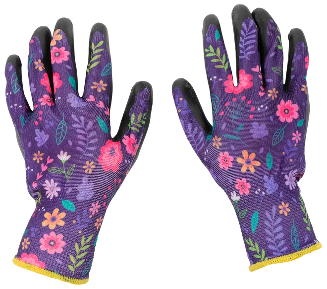Lila trädgårdshandskar med färgglatt blommönster, svarta gummibelagda fingertoppar och handflator samt gul kant vid handleden. Ger skydd och bra grepp vid trädgårdsarbete.