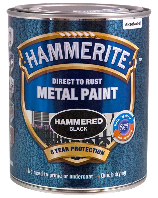 Hammerite sort metalmaling med hamret finish, direkte på rust, 8 års beskyttelse, vandafvisende, hurtigtørrende, ingen grunding nødvendig, egnet til udendørs metaloverflader.