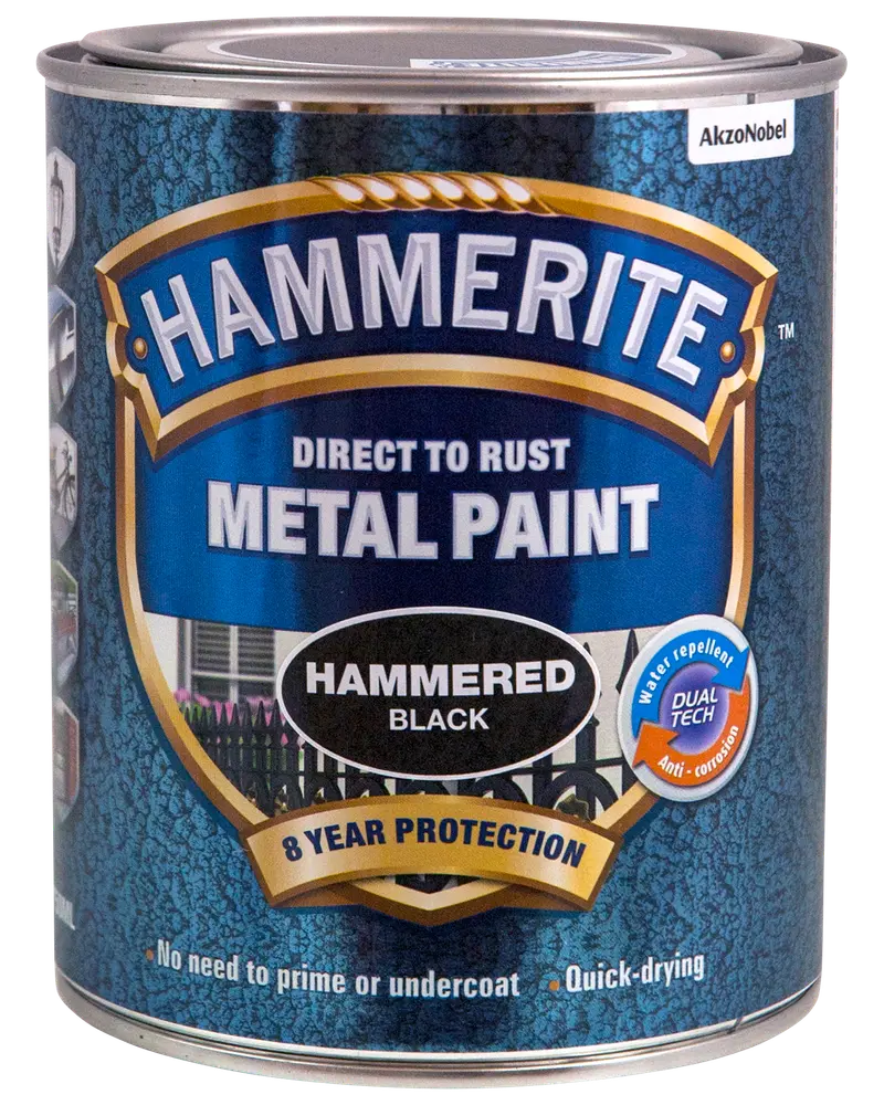 Hammerite sort metalmaling med hamret finish, direkte på rust, 8 års beskyttelse, vandafvisende, hurtigtørrende, ingen grunding nødvendig, egnet til udendørs metaloverflader.