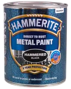 Hammerite sort metalmaling med hamret finish, direkte på rust, 8 års beskyttelse, vandafvisende, hurtigtørrende, ingen grunding nødvendig, egnet til udendørs metaloverflader.
