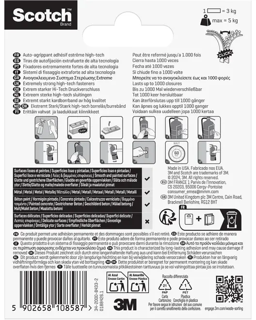 Scotch high-tech fästanordning förpackning med bruksanvisning, lämpliga ytor (metall, målad, slät), viktgränser (1-5 kg) och flerspråkiga produktdetaljer. Svartvit design med ikoner.