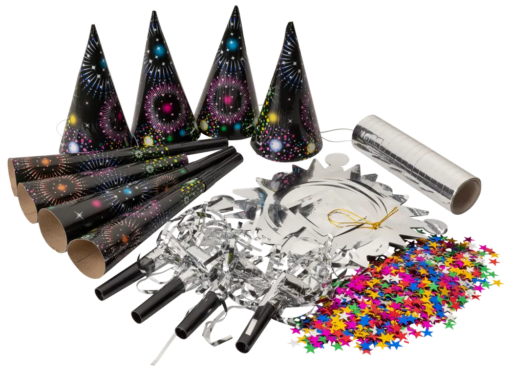 Nyårspartykit med fem konhattar, fem tutor, silverblåsare, metallkrona, stjärnkonfetti och silvergirlang. Alla produkter har färgglada fyrverkerimotiv för festliga firanden.