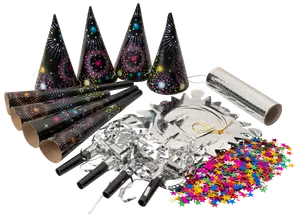 Nyårspartykit med fem konhattar, fem tutor, silverblåsare, metallkrona, stjärnkonfetti och silvergirlang. Alla produkter har färgglada fyrverkerimotiv för festliga firanden.