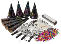 Förpackning med färgglada party poppers med svarta toppar och snören, dekorerade med festliga mönster. Engångsbruk, enkla att använda vid firanden och fester.