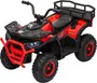 Rød og sort el-ATV til børn med fire robuste hjul, frontbøjle, styr, polstret sæde og bageste bagagebærer.