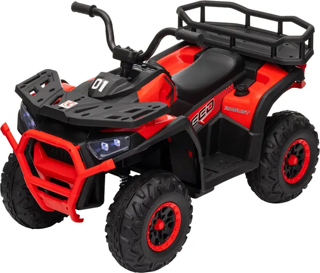 Rød og sort el-ATV til børn med fire robuste hjul, frontbøjle, styr, polstret sæde og bageste bagagebærer.