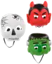 Set med tre Halloweenmasker i plast: en vit dödskalle med spindelnät, en röd djävul med horn och ett grönt Frankensteinmonster. Alla har resårband.