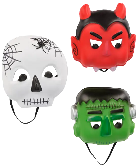 Set med tre Halloweenmasker i plast: en vit dödskalle med spindelnät, en röd djävul med horn och ett grönt Frankensteinmonster. Alla har resårband.