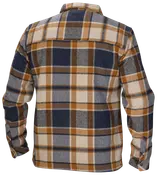 Herreflannelskjorte med lange ærmer, blå, brun og creme ternet mønster. Har knapmanchetter og lige kant. Lavet af blødt, varmt stof til afslappet brug.