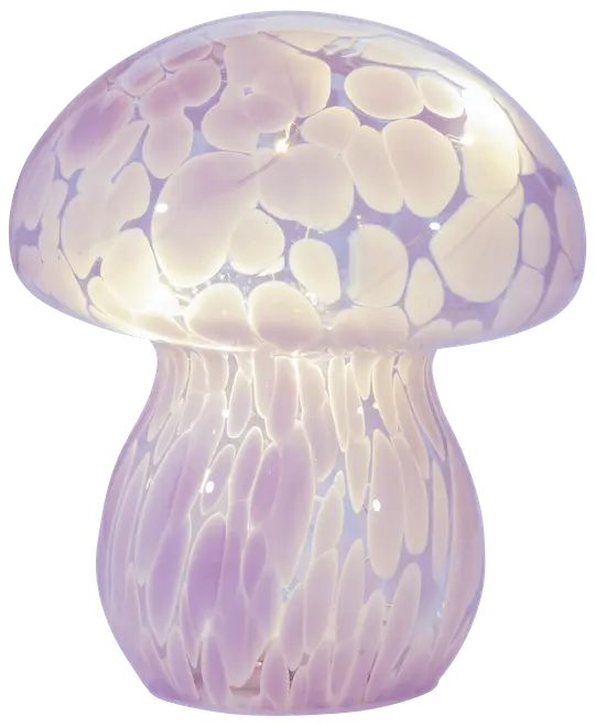 Svampeformet glaslampe med blank, gennemsigtig overflade. Har et blødt lilla og hvidt plettet mønster, hvilket giver et eventyrligt og moderne dekorativt lys til ethvert rum.