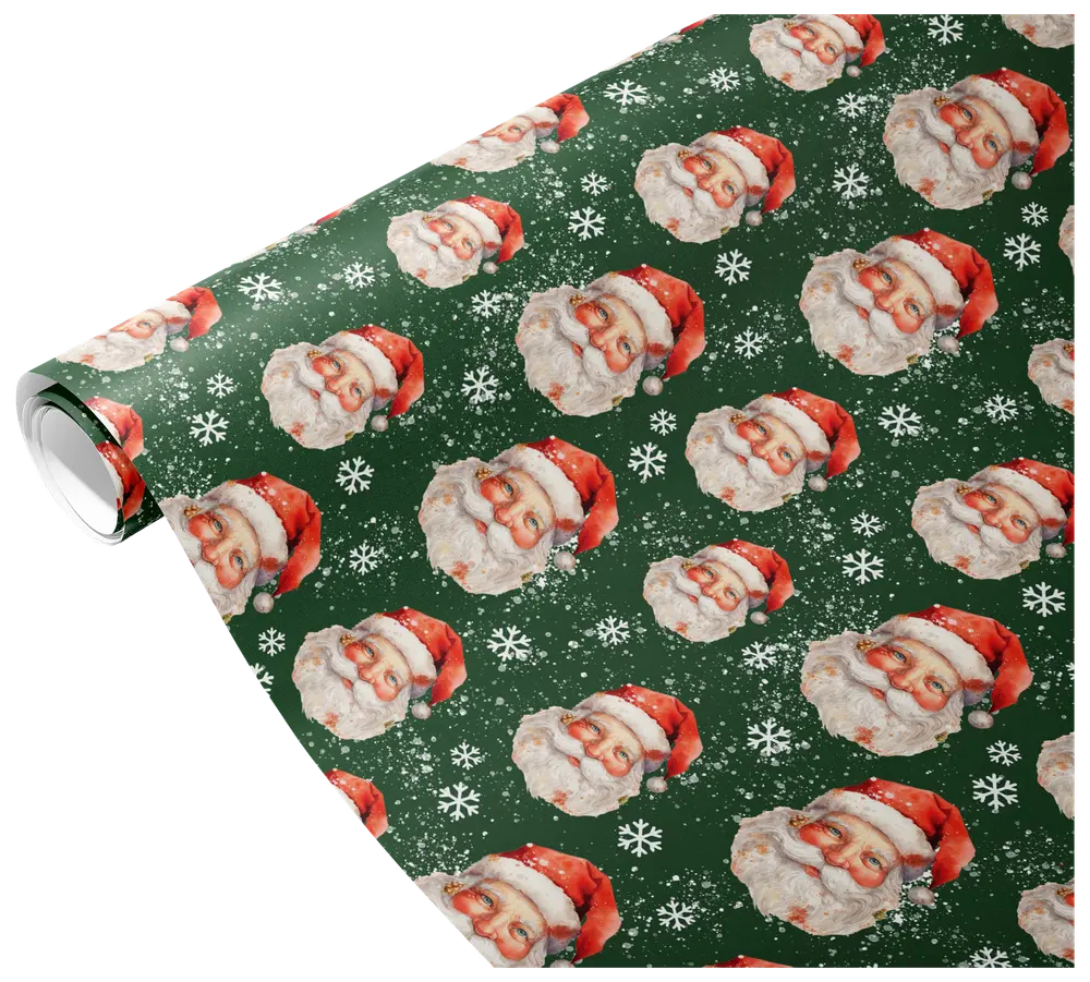 A roll of wrapping paper featuring a festive pattern of vintage-style Santa Claus faces wearing red hats, set against a dark green background with white snowflakes scattered throughout. The design has a classic, nostalgic holiday feel.