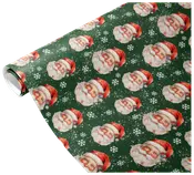 A roll of wrapping paper featuring a festive pattern of vintage-style Santa Claus faces wearing red hats, set against a dark green background with white snowflakes scattered throughout. The design has a classic, nostalgic holiday feel.