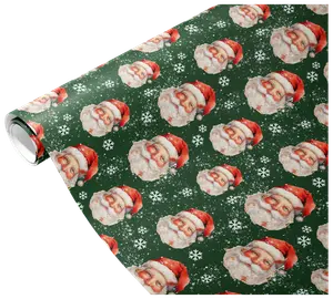 A roll of wrapping paper featuring a festive pattern of vintage-style Santa Claus faces wearing red hats, set against a dark green background with white snowflakes scattered throughout. The design has a classic, nostalgic holiday feel.