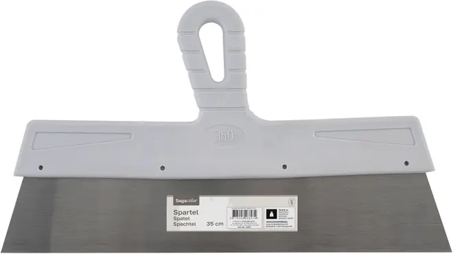 Bred spackel med 35 cm blad i rostfritt stål och grått plasthandtag, passar för utjämning av material på ytor. Hållbar och lätt att greppa.