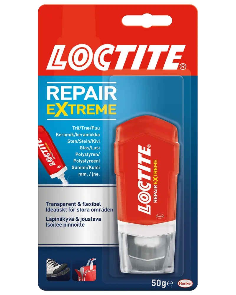 Loctite Repair Extreme lim, 50g tube. Transparent og fleksibel lim til træ, keramik, sten, glas, polystyren, gummi. Ideel til store overflader og forskellige reparationer.
