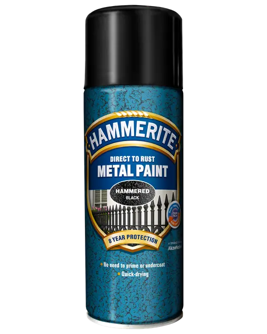 Hammerite Direkte på Rust Metal Maling spraydåse, hamret sort finish, 8 års beskyttelse, til metaloverflader, ingen grunding nødvendig, hurtigtørrende, 400 ml.
