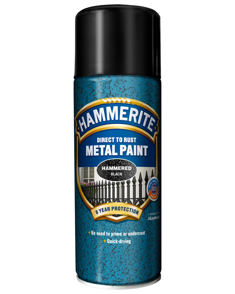 Hammerite Direkte på Rust Metal Maling spraydåse, hamret sort finish, 8 års beskyttelse, til metaloverflader, ingen grunding nødvendig, hurtigtørrende, 400 ml.