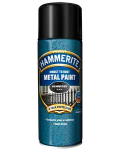 Hammerite Direkte på Rust Metal Maling spraydåse, hamret sort finish, 8 års beskyttelse, til metaloverflader, ingen grunding nødvendig, hurtigtørrende, 400 ml.