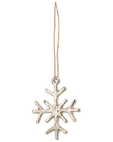 Metallisk snöflingeprydnad med sex grenar, texturerad yta och guldfärgad upphängningstråd. Perfekt för julgransdekoration. Cirka åtta centimeter bred.