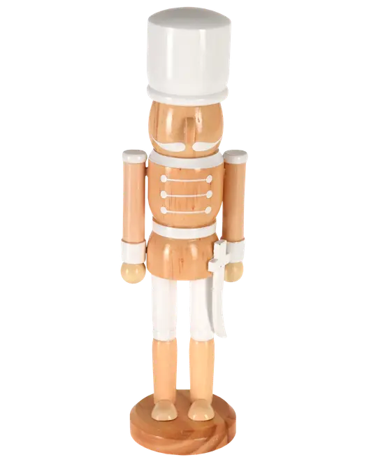 Trä-nötknäpparfigur som soldat med vit hatt, persikofärgad och vit kropp, cylindriska armar och rund fot.