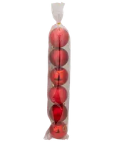 Set med sex röda julgranskulor i blank och matt finish, förpackade i en genomskinlig plastpåse med guldfärgat snöre.