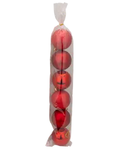 Set med sex röda julgranskulor i blank och matt finish, förpackade i en genomskinlig plastpåse med guldfärgat snöre.