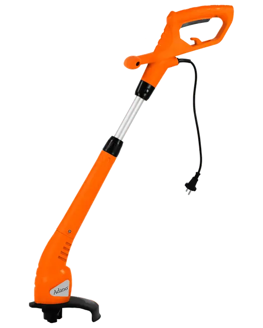 Elektrisk grästrimmer med orange kropp, ergonomiskt handtag och sladd. Lätt design, justerbart skaft och skydd för exakt kantklippning och trimning av gräsmatta.